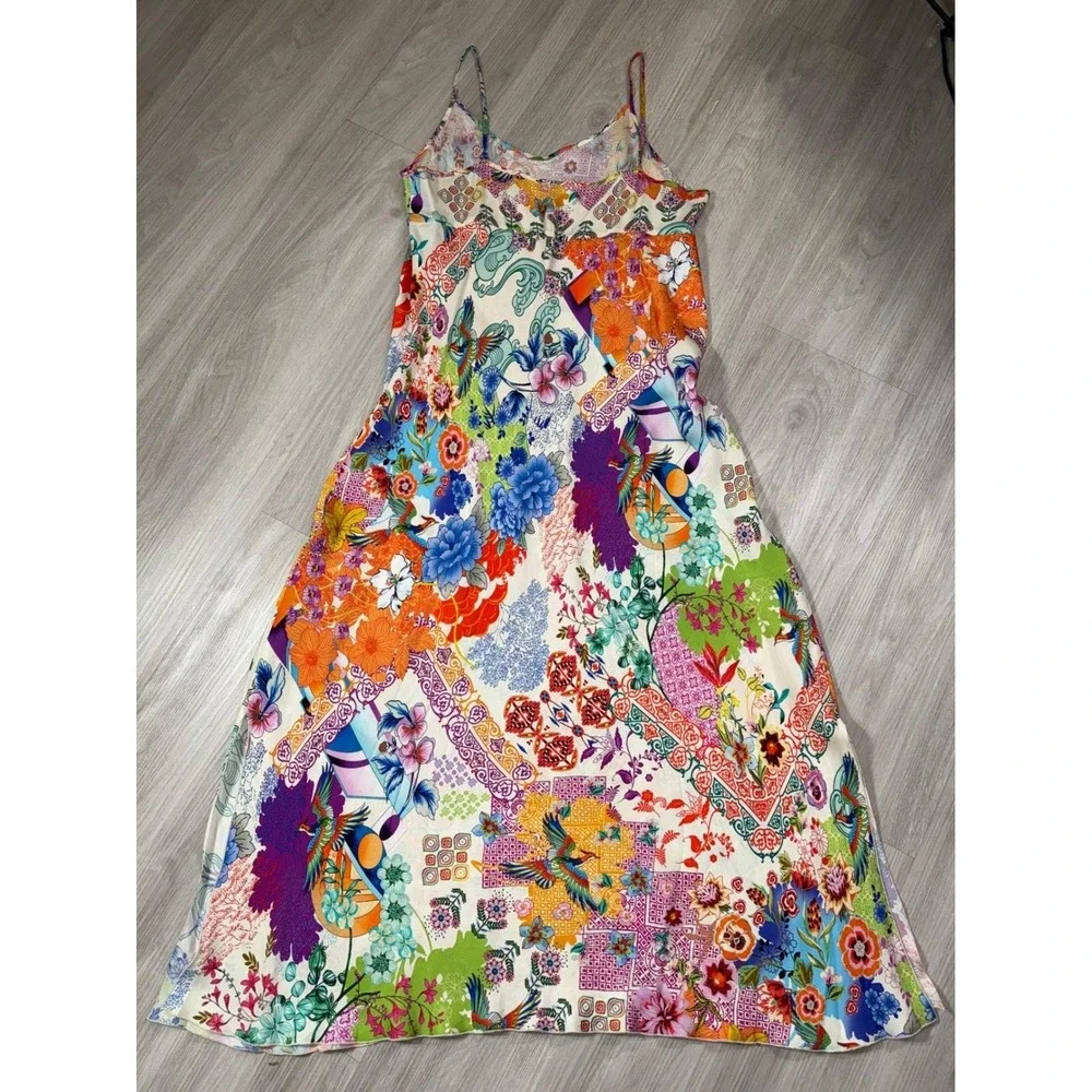 Johnny Was Floral Bird Print Cupra Maxi Slip Dress Multi Color R36124-4 Large - Picture 4 of 11